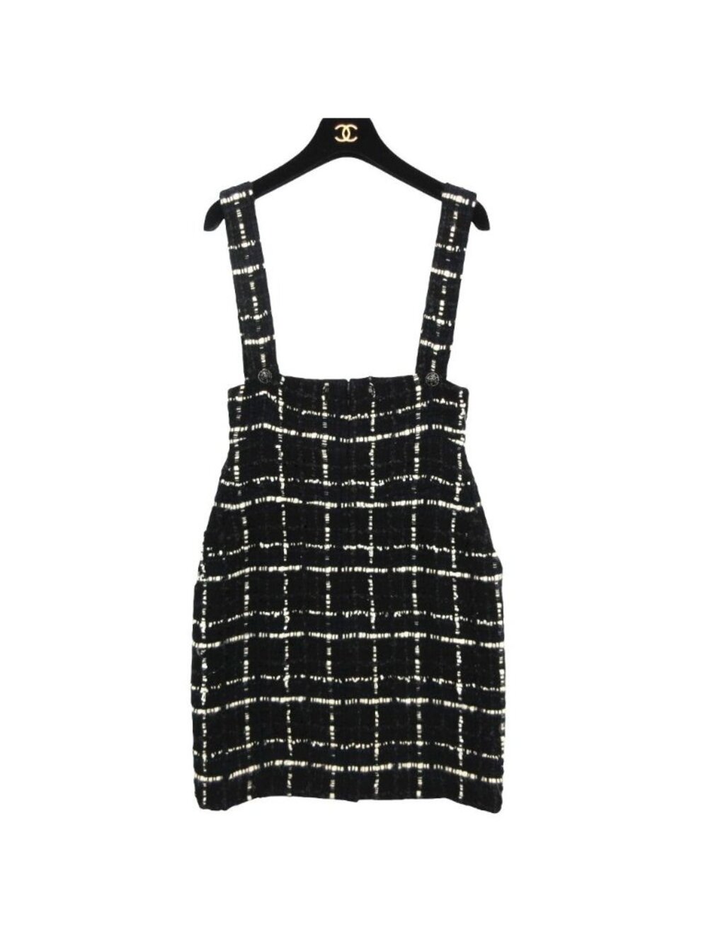 Chanel Skirt Tweed Jumper Plaid Pattern with Suspenders Front Zipper Navy